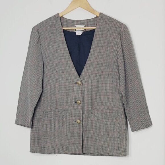 Carroll Reed Women's Vintage Red Tan Black Check V-Neck Button Front Blazer 12 - Picture 1 of 11